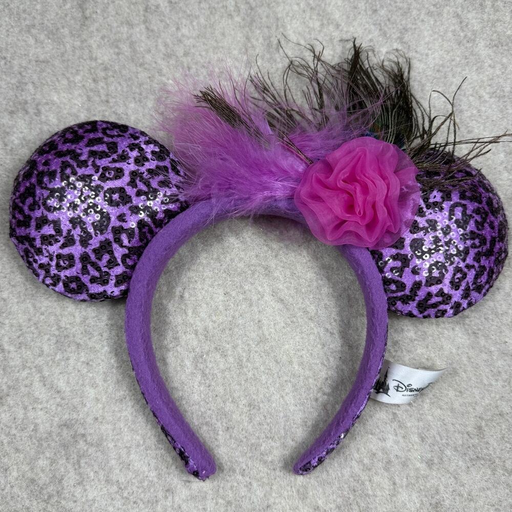 Disney Parks Minnie Mouse Ears Purple Cheetah Sequin Feathers Headband